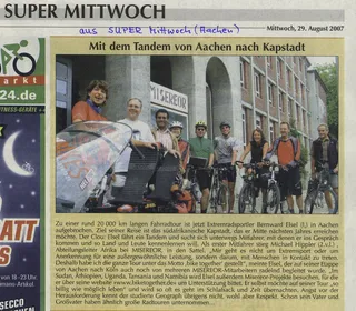 Zeitungsausschnitt: Super Mittwoch, 29.8.2007: Mit dem Tandem von Aachen nach Kapstadt